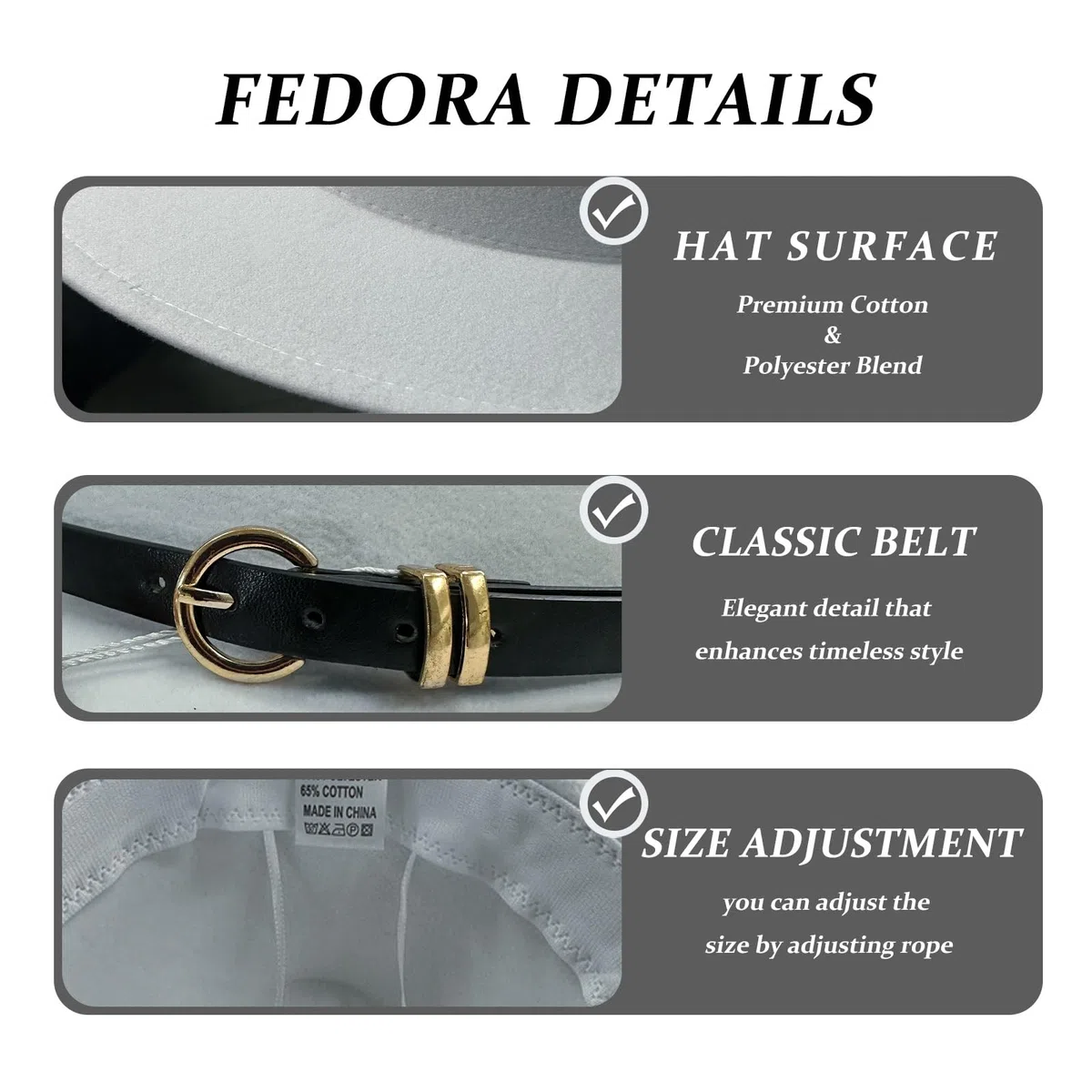 HEYANN Chapeau Fedora classique à large bord avec boucle de ceinture en feutre unisexe Trilby pour homme et femme