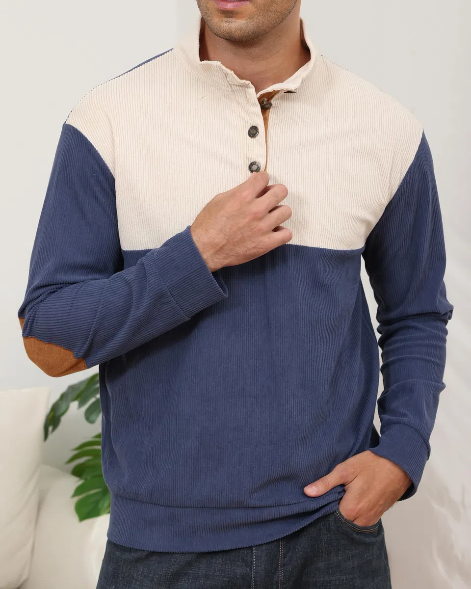 PRIVIMIX Sweat Homme sans Capuche Léger Pull Col à Boutons Sweatshirt Velours Côtelé Sweet M-3XL