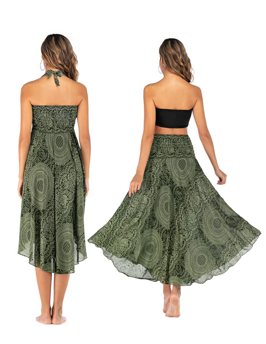 Femme Robe Imprimé Fleurie Ete Boheme Jupe Style Ethnique 2 en 1 sans Manche Plage Strap Wrap Taille Unique