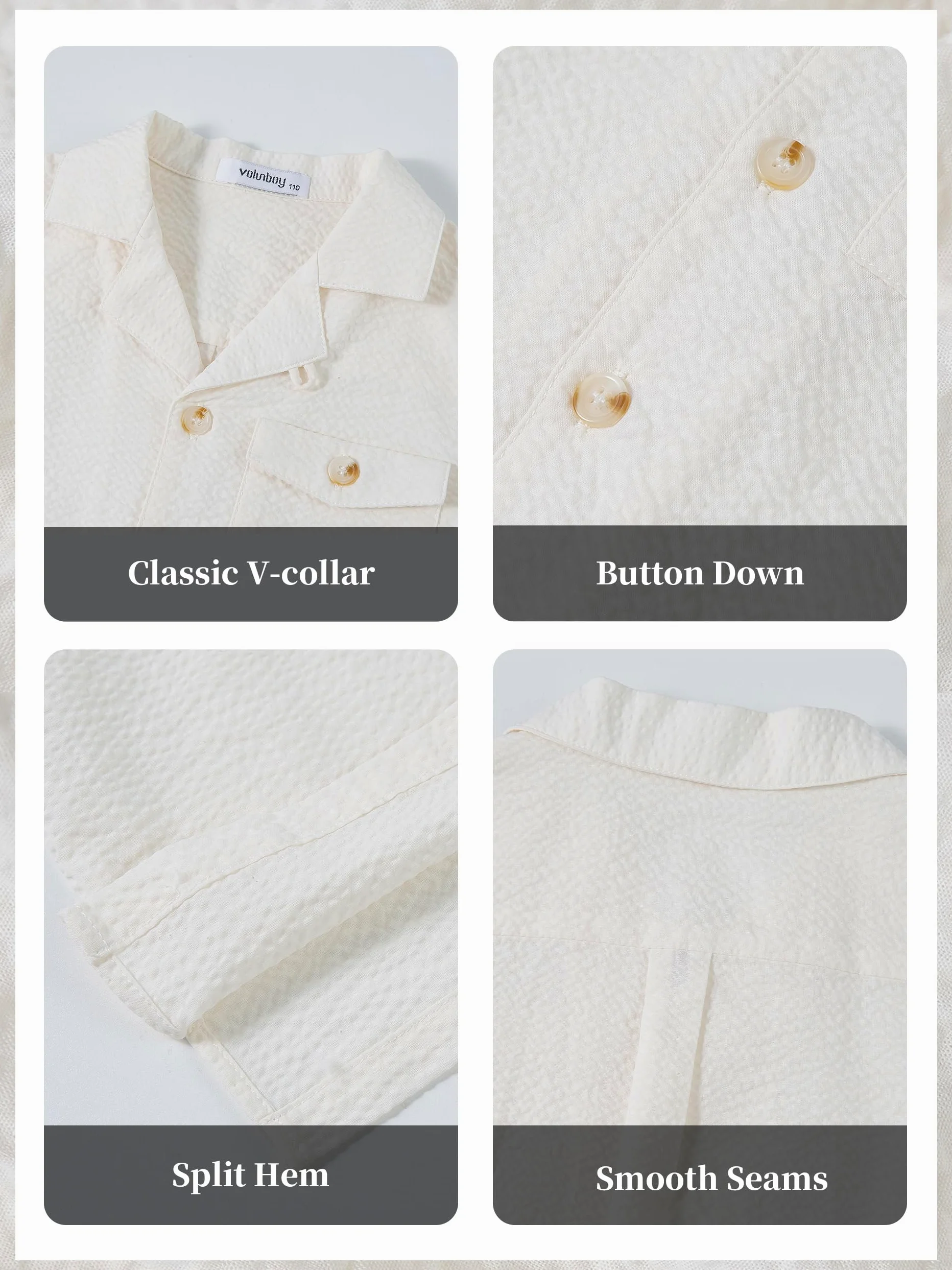 Volunboy Ensemble Été Garçon Seersucker, Chemise à Col Campagne Texturée à Boutons & Short Élastique, 4-10 Ans