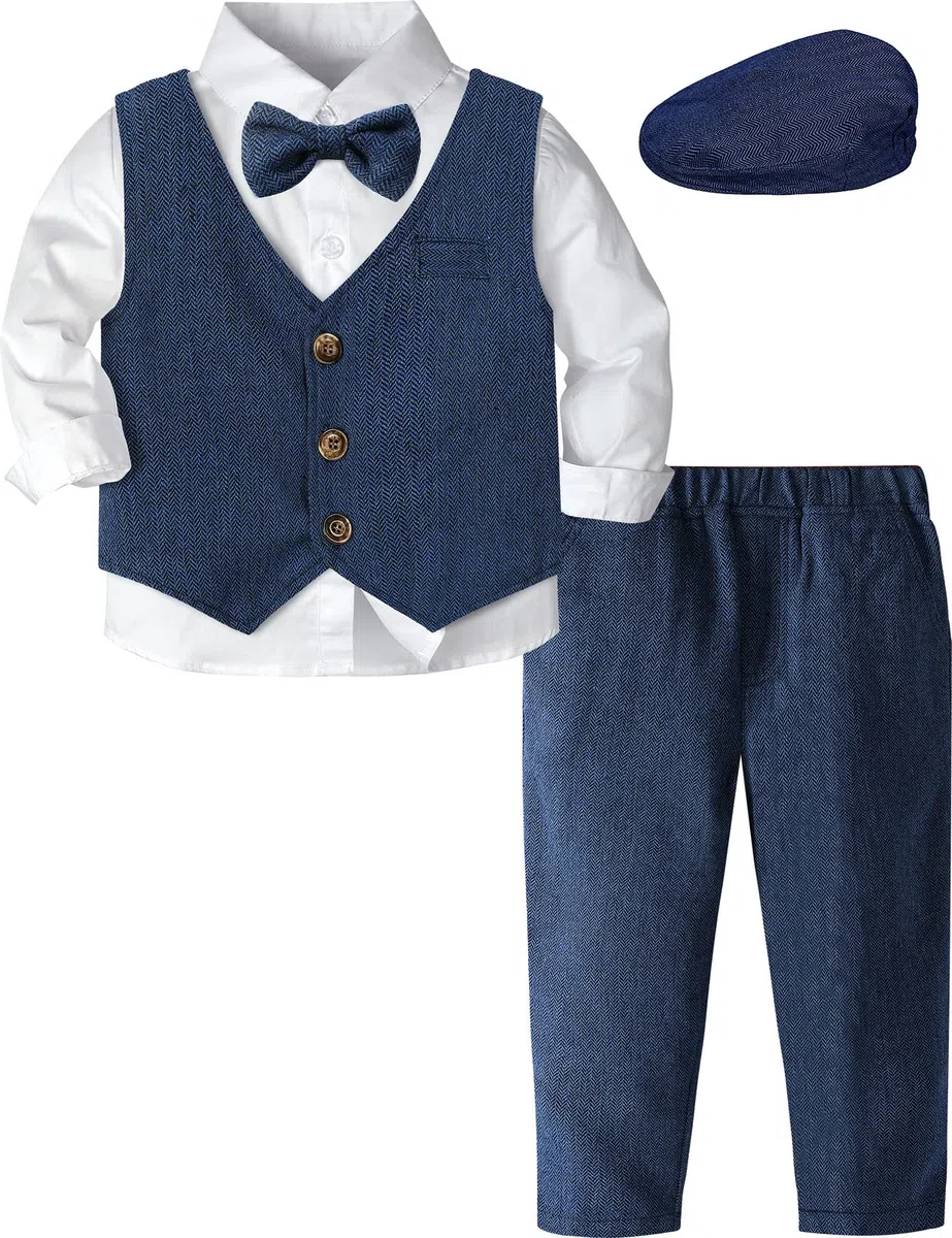mintgreen Ensemble Bébé Garçon en Tweed à Chevrons, Smoking de Mariage 4pcs Chemise + Pantalon + Gilet + Casquette 1-4 Ans