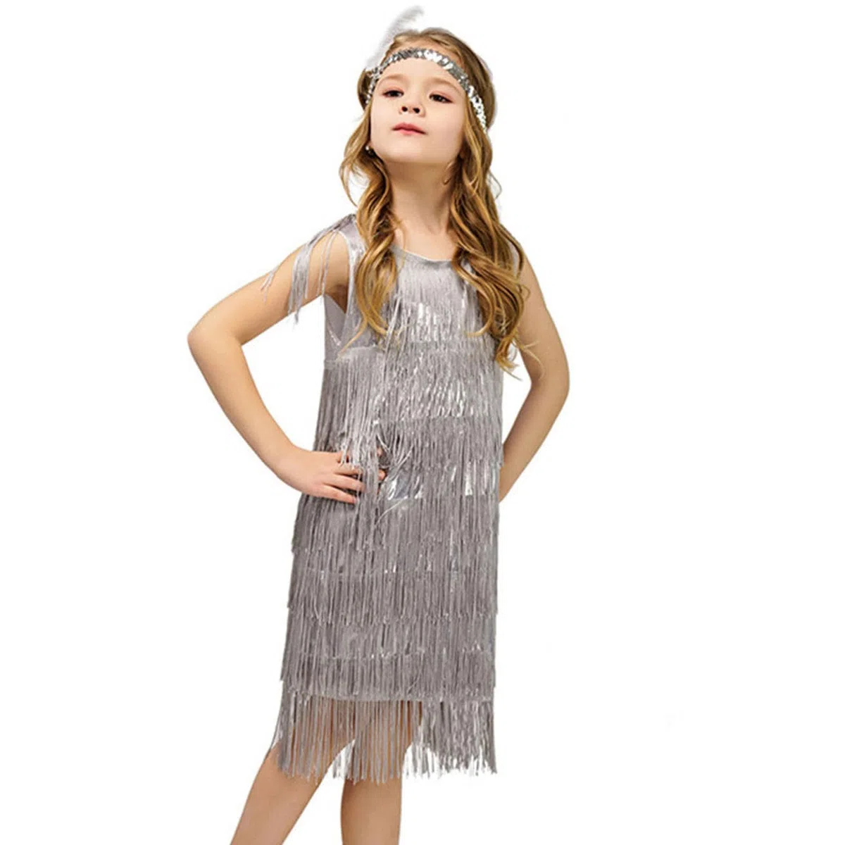 Déguisement Charleston Enfant, Robe Années 20, Costume Carnaval Fille Robe latine à franges scintillantes sans manches pour fille Style vintage Pour salle de bal Jazz Tangos Danse Années Femme