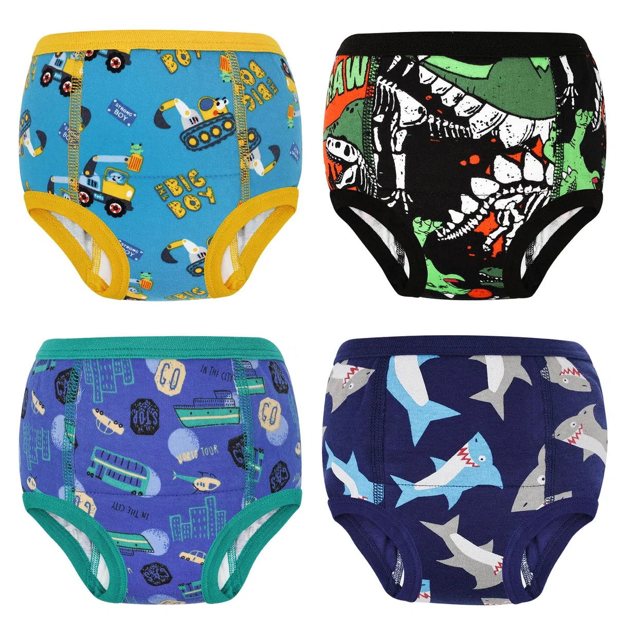 FLYISH DIRECT Culottes d’apprentissage Enfant– Lot de 4 Culottes Apprentissage Propreté Garcon 100% Coton, Couches Anti-fuite Absorbantes, Réutilisables & Lavables – Dino & Voiture, 8 ans