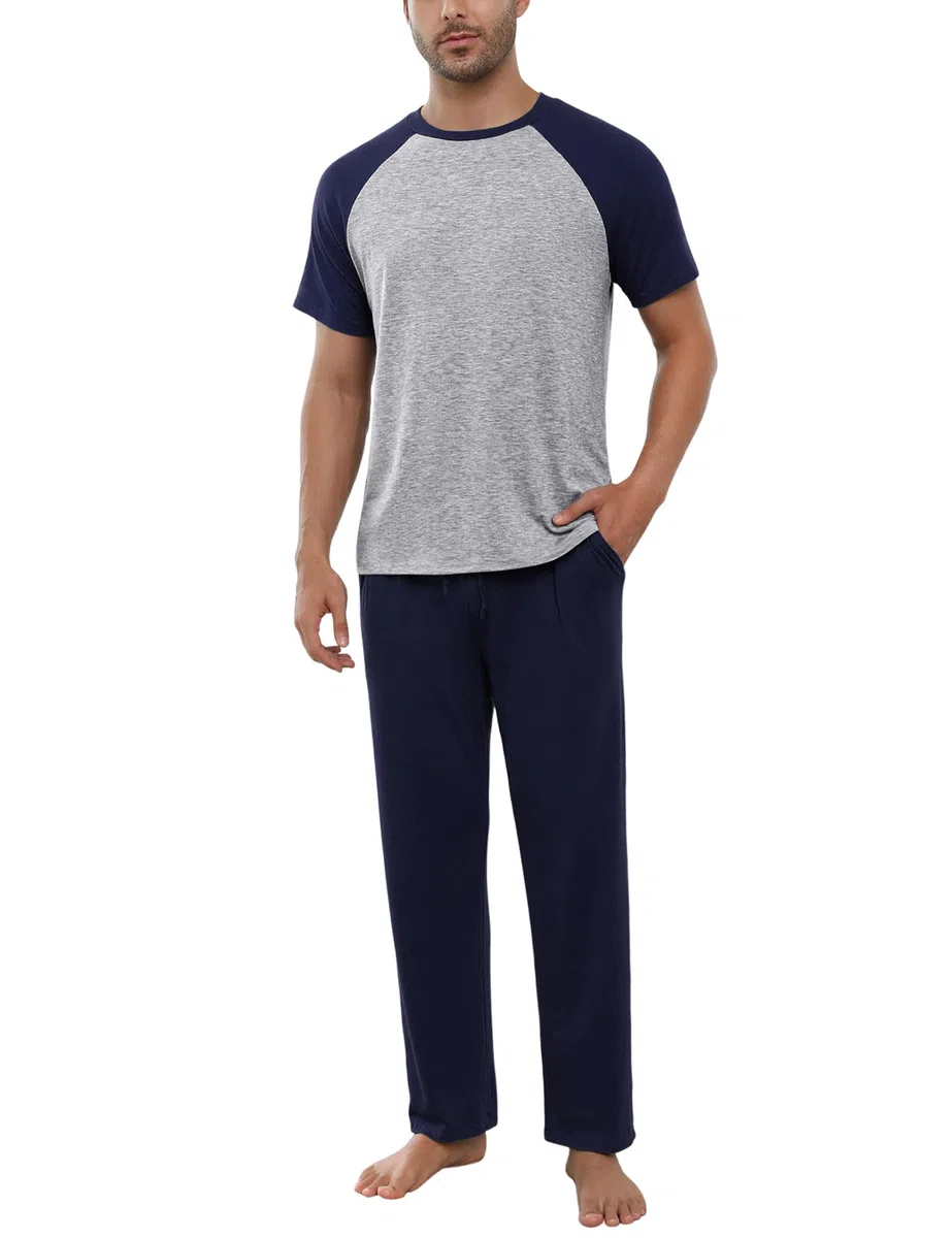 Bresdk Pyjama Homme Coton Ensembles de Pyjamas à Manches Courtes et Pantalons Vêtements de Détente Deux Pièces Confortable Doux