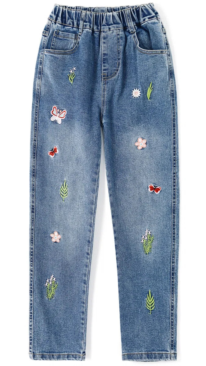 KIDSCOOL SPACE Jean Fille, Ceinture Élastique, Denim Stretch Brodé, Bleu