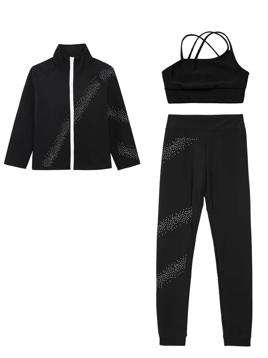 TiaoBug Enfant Fille Survêtement de Sport Veste Manches Longues Strass et Débardeur et Pantalon Legging Sport Ensemble Patinage Artistique Costume Compétition 5-14 ans