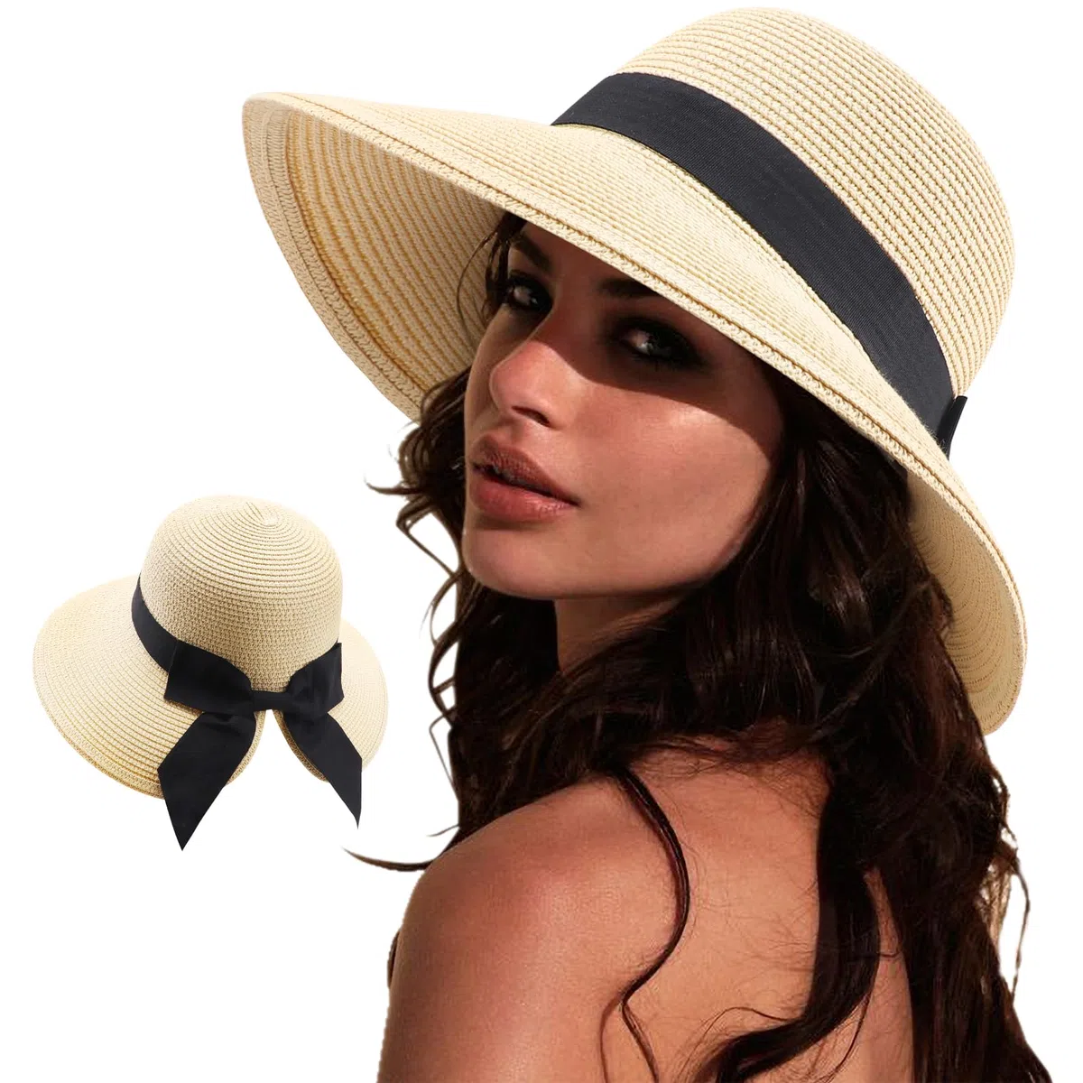DRESHOW Bowknot Chapeau de Soleil pour Femme Bord Large Chapeau de Soleil de Pplage Pliable pour l'été Chapeau Sarouel en Paille à Large Bord avec Nœud UPF 50+