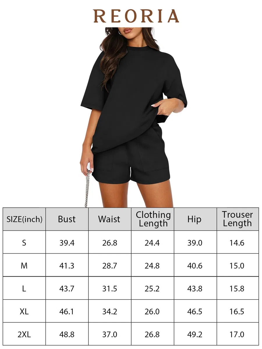 REORIA Survêtement pour femme, manches courtes, col rond, couleur unie, 2 pièces, tenue de maison, tenue de jogging, ensemble de survêtement