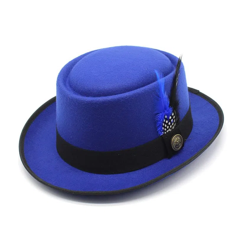 TAHALI RZL Chapeau Melon Chapeau Haut de Forme en Laine d'automne et d'hiver, Chapeau Haut de Forme Rond en Laine, Chapeau de Jazz for Homme avec Plume Noire et Bleue (Couleur : Bleu)