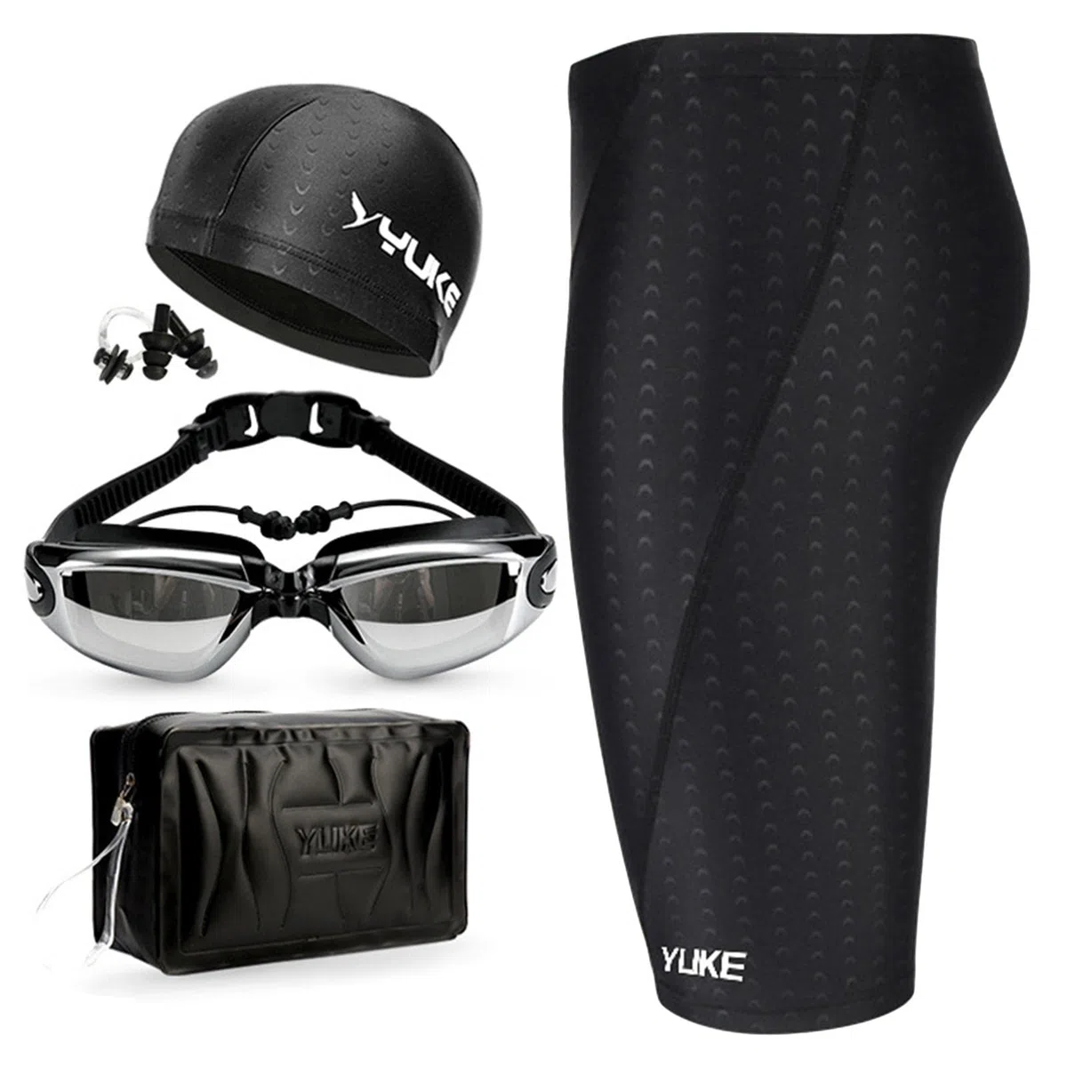 Jammers Maillot de bain pour homme - Maillot de bain élastique et aérodynamique avec capuchon, lunettes, clips d'oreille, bouchons nasaux, sac de natation
