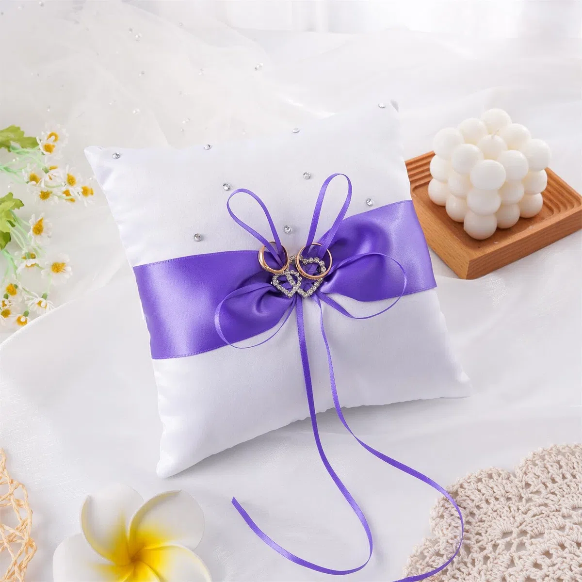 QIRMIZI Coussin pour alliances, coussin de perles, support de bague pour mariage, cérémonie de mariage, demande en mariage, violet