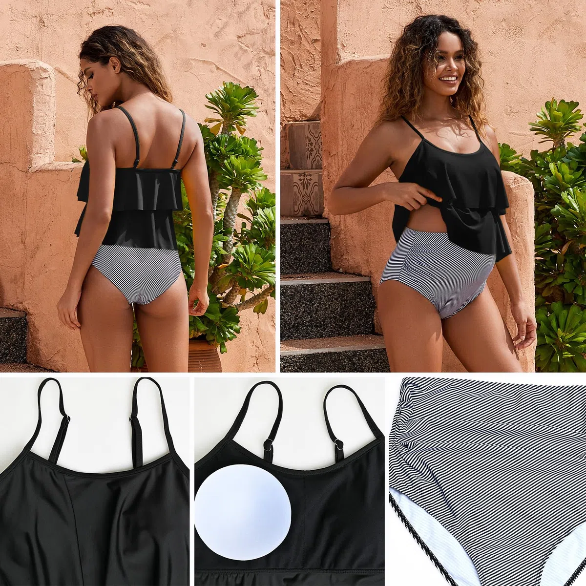 GINKANA Maillot de bain tankini 2 pièces pour femme - Ourlet à volants - Double ourlet à volants
