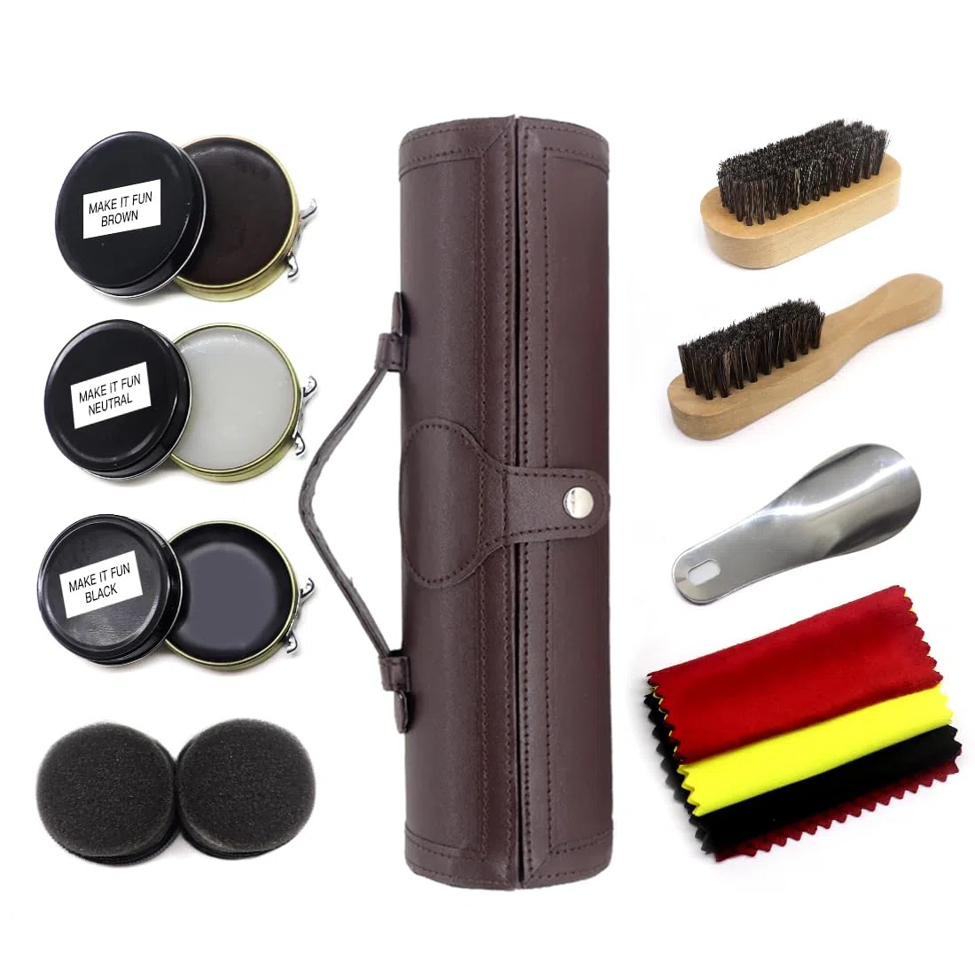 Kit d'Entretien de Chaussures 12 Pièces - Cirage Pour Cuir Avec Cire Marron et Noire, Brosses de Polissage - Compact, Marron