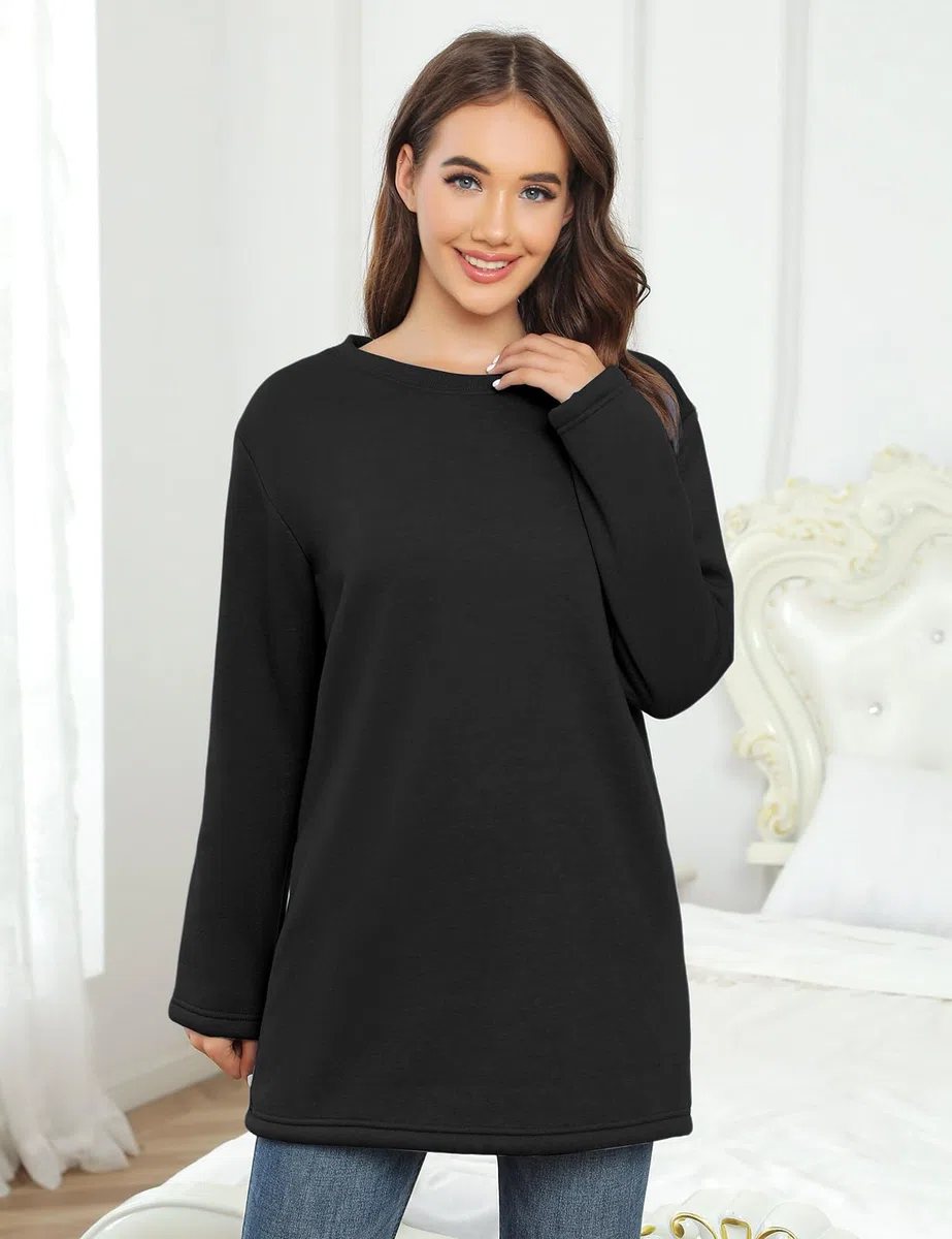 Nadeer Sweat Polaire Femme Hiver Pull Sweatshirt Manches Longues Col Rond Coton Sweat sans Capuche Couleur Unie Doublé Chaud Pullover Loose Casual Loungewear Haut