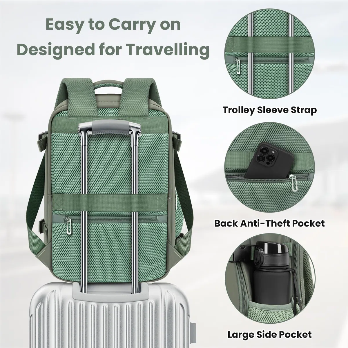 OTAHGK Bagage Cabine 40 x 30 x 20 pour Ryanair, Sac à Dos de Voyage Bagage à Main Avion Sac à Main sous Le Siège Valise Décontracté École Bureau Sac Ordinateur Portable -Vert