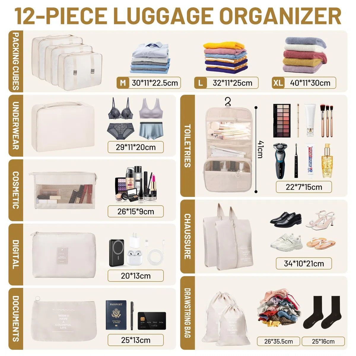 Sac Rangement Valise 12 Pièces – Organisateur Valise Imperméables avec Sacs à Vêtements,Sacs à Chaussures,Trousse de Toilette,etc.| Beige | Gain de Place pour Vacances et Voyages d’Affaires