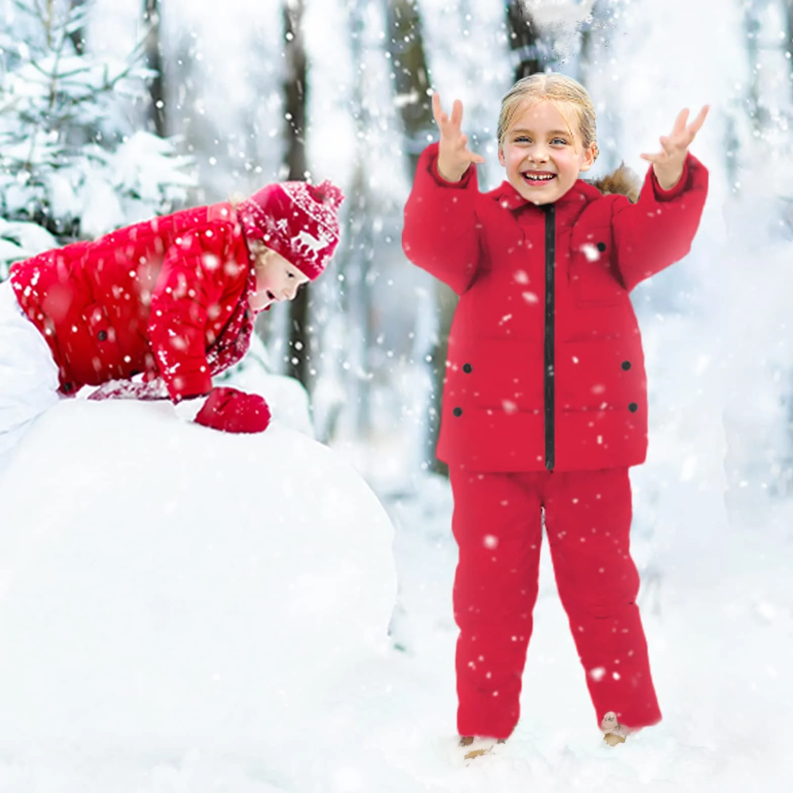 JiAmy Combinaison de Neige Fille Garçon Doudoune à Capuche + Pantalons de Ski Enfant 2PCS Ensemble de Ski Bébé Manteau de Duvet Salopettes de Ski Hiver Veste Snowsuit, Rouge 18-24 Mois