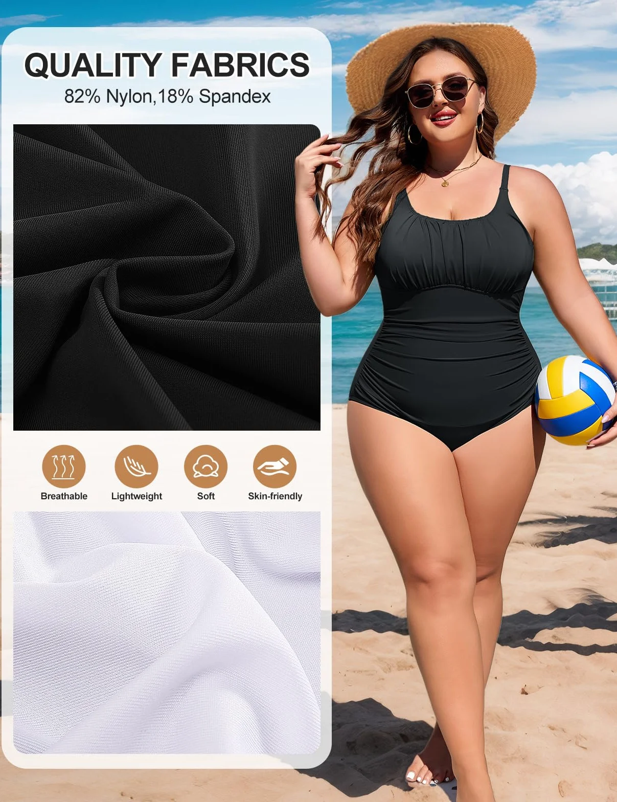 heekpek Maillot de Bain Grande Taille Femme 1 Piece Ventre Plat Maillot de Bain Push Up Rembourré Une Piece Ruché Swimsuit avec Col en U