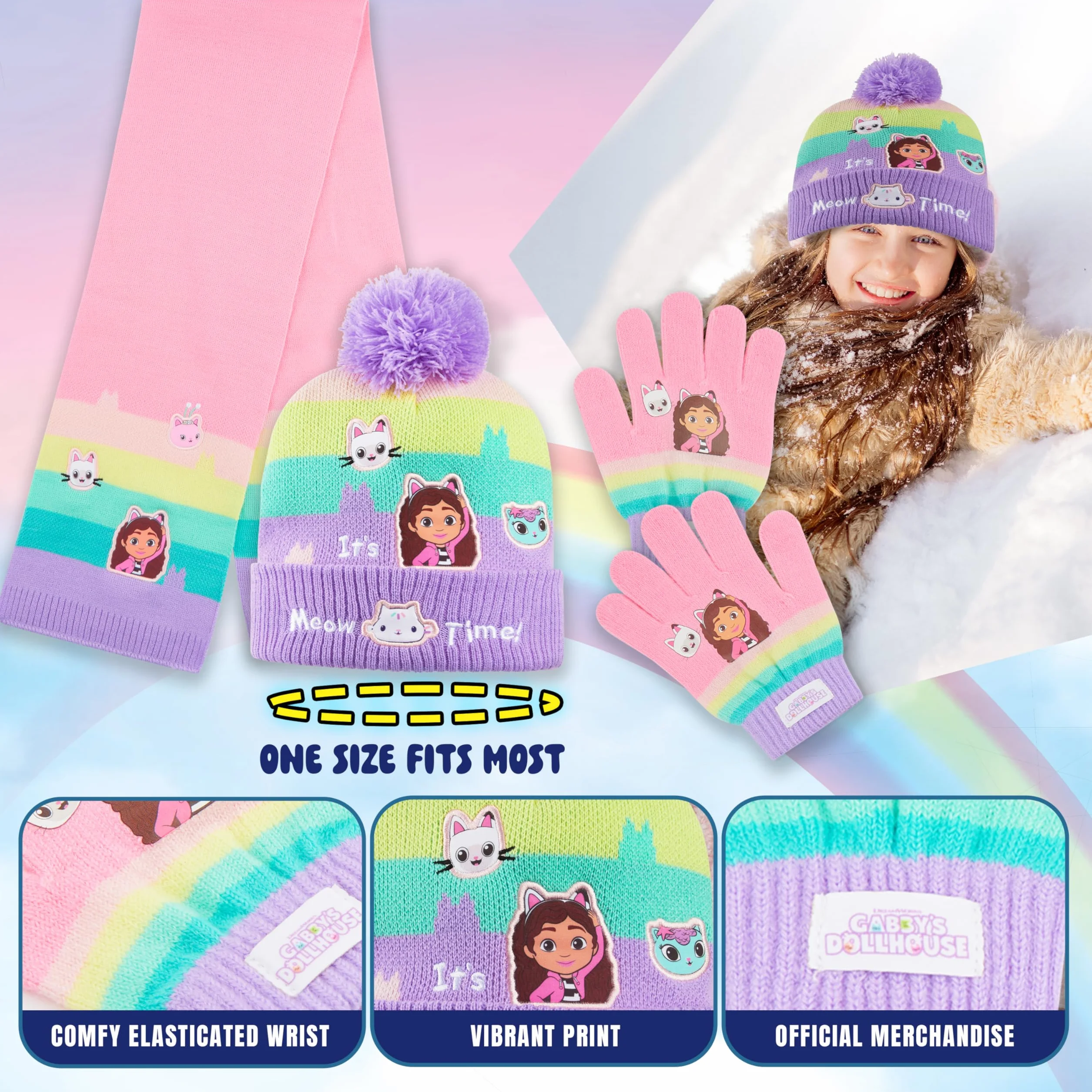 Gabby's Dollhouse Ensemble d'Accessoires d'Hiver Fille, Bonnet, Écharpe et Gants - Cadeau Enfant
