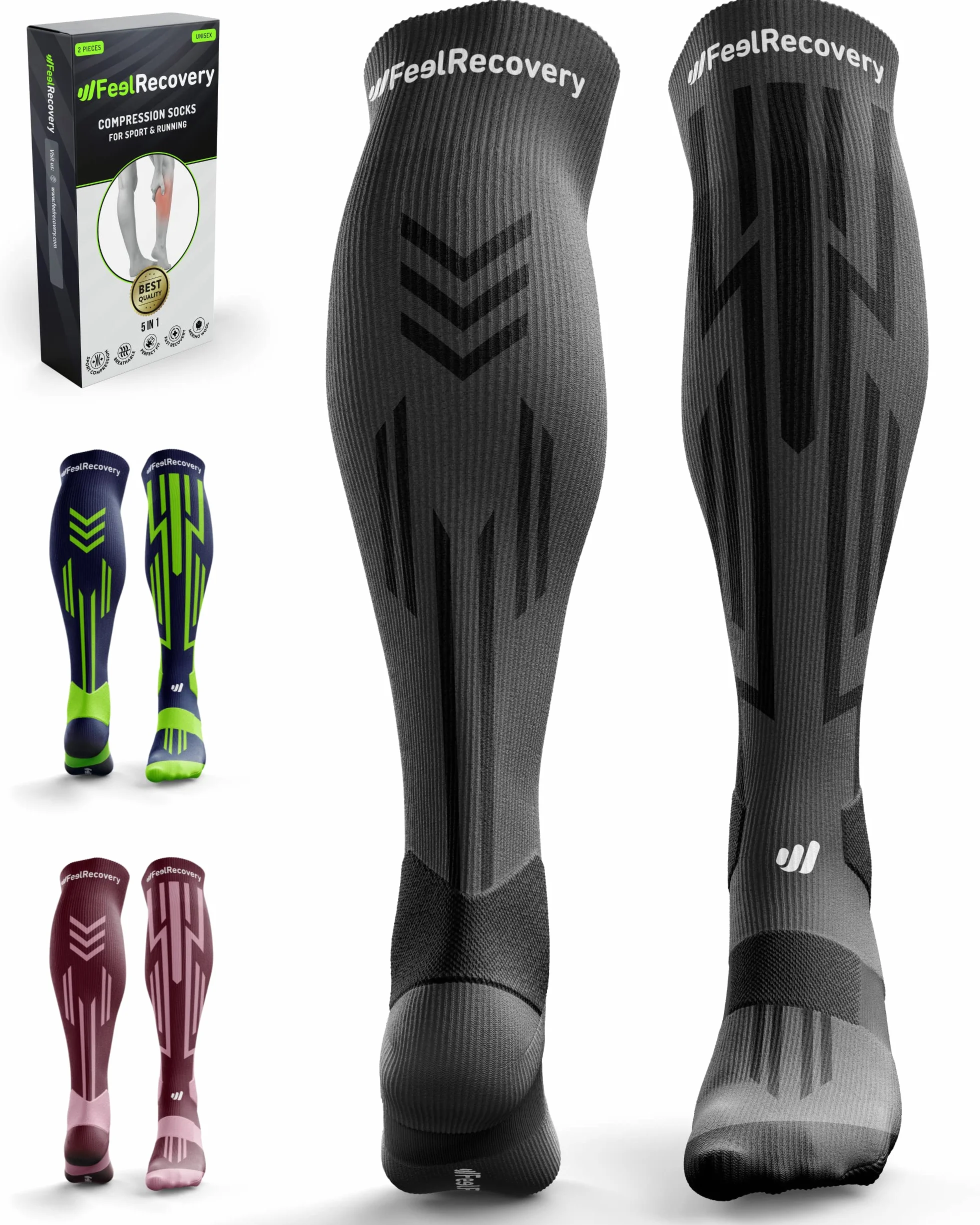 Bas de Contention Homme & Femme (1 Paire) - Chaussettes Compression Sport, Running, Ski, Athlétisme - Manchons Contention Voyage, Travail & Récupération - Chaussettes Longues Respirantes Laine Mérinos
