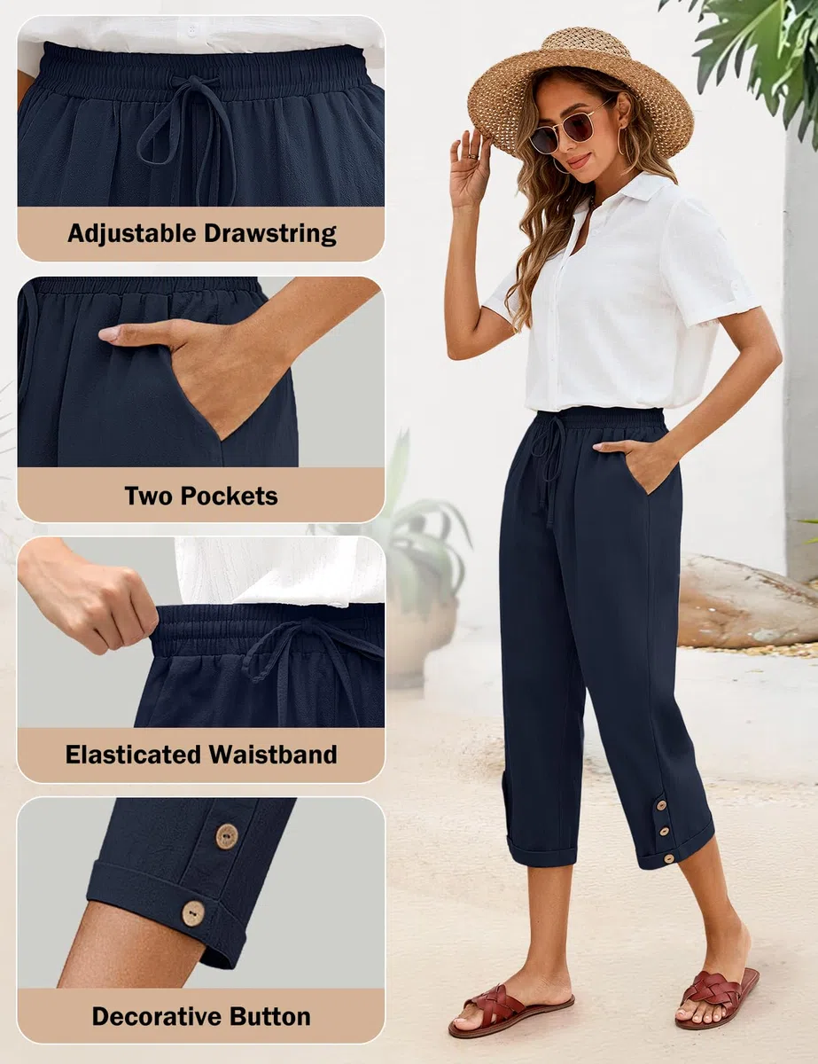 Voqeen Pantalon Femme Été Léger 3/4 Pantacourt Fluide Elastique avec Poches Coton Vêtement Chic Elegant Décontractée Pants de Plage