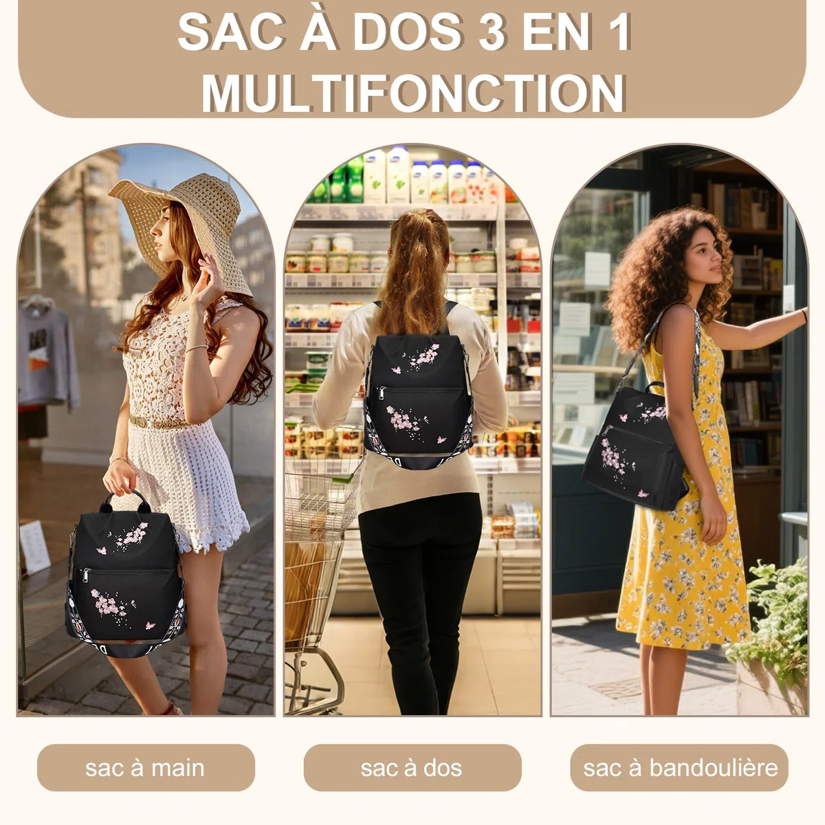 Eshow Sac à Dos Femme Antivol Nylon, Sacs à Main Portés Dos Femme, Petit Sac Bandoulière Fort Backpack Multifonctionnel Casual Léger pour Voyage L'école Travail Université Collège Noir