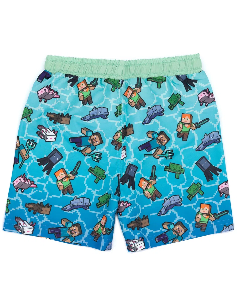 Minecraft Short de Bain pour garçons | Options de Liane Bleue Verte OU Verte | Enfants Ados Creeper Steve Alex TNT Explosif Personnages Gamer Pantalon de Natation Malles
