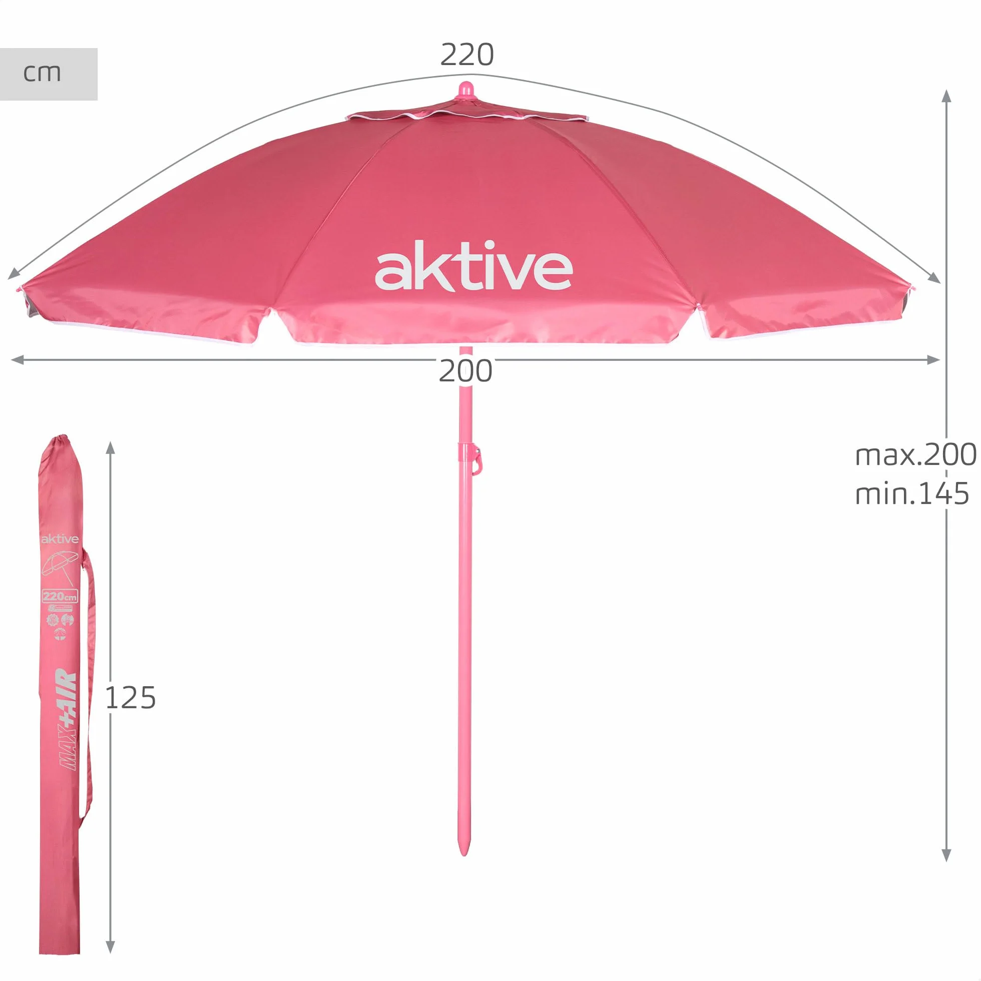 AKTIVE BEACH 62484 Parasol de plage inclinable avec protection UV50, 8 baleines, matériau Oxford, avec ventilation, pour extérieur Rose 220 cm