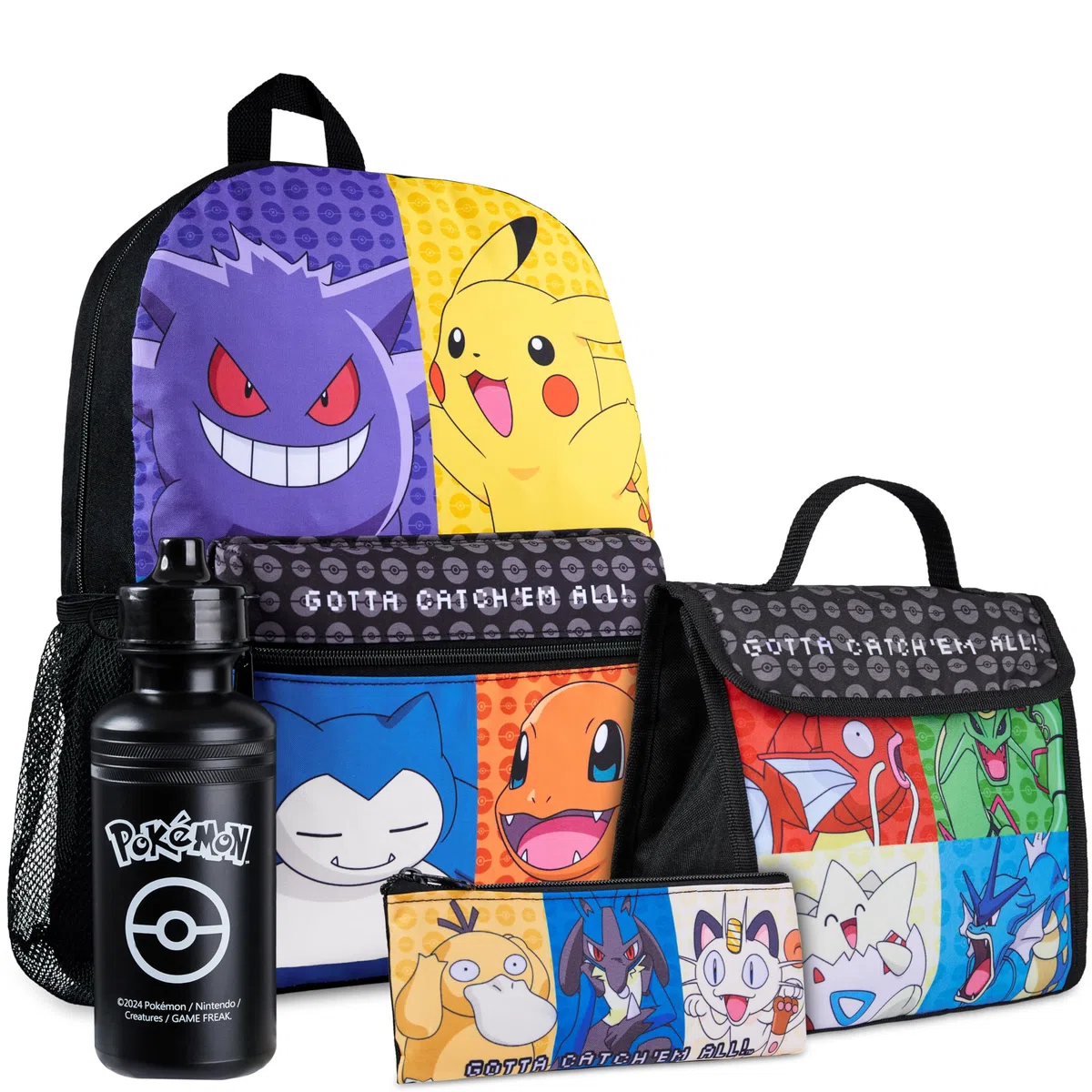 Pokémon Sacs à Dos pour Enfant Set 4 Pc Bouteille d'eau Sac a Dos Trousse Sac à Lunch Isotherme ou Portefeuille Anime Fournitures Scolaires (Multi/Noir Ensemble de 4 Pièces)
