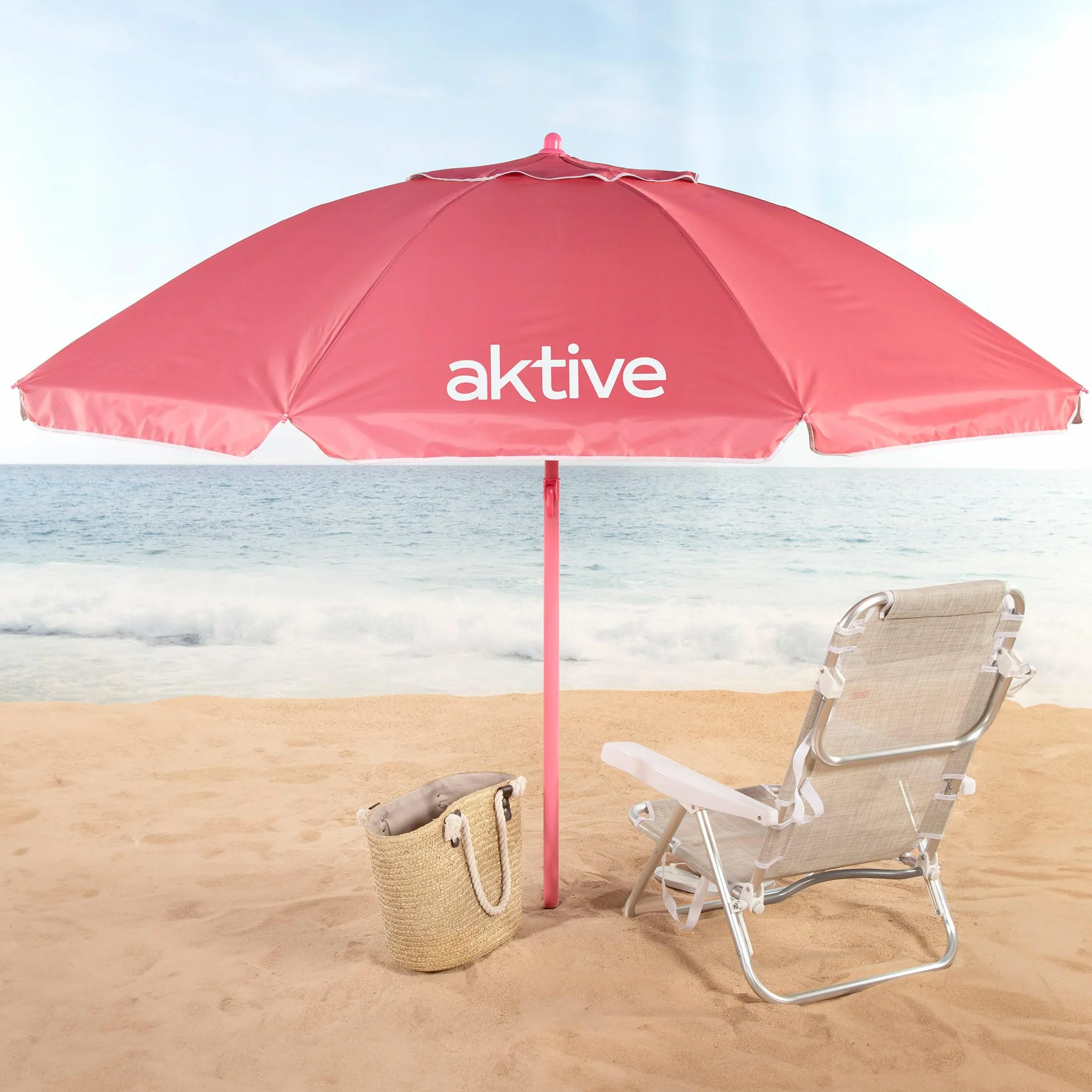 AKTIVE BEACH 62484 Parasol de plage inclinable avec protection UV50, 8 baleines, matériau Oxford, avec ventilation, pour extérieur Rose 220 cm
