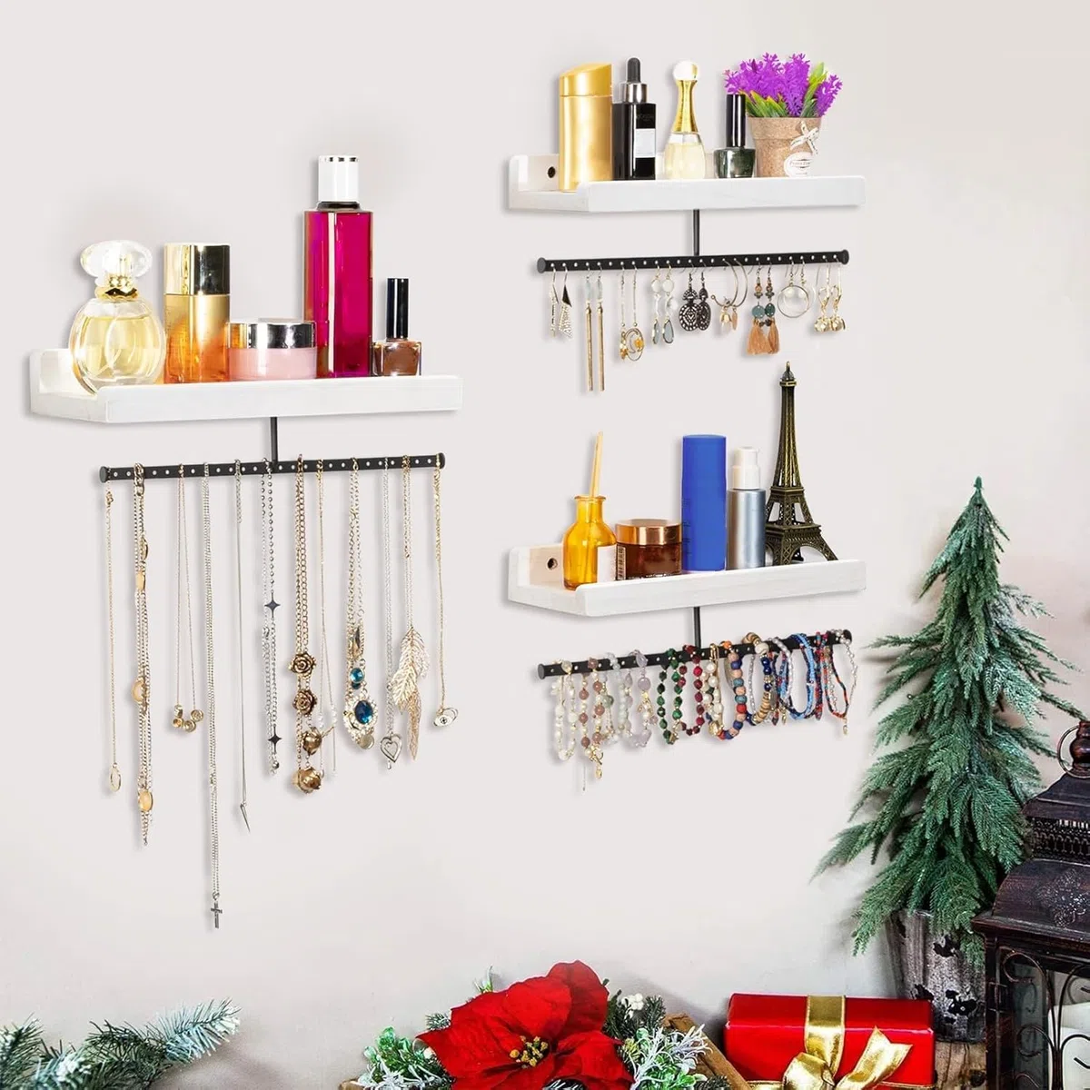 Porte Bijoux Murale, Rangement Bijoux et Etagere Murale Bois 2 en 1, Presentoir Bijoux Mural de Rangementen Maximal 20Kg, Arbre a Bijoux pour Collier, Anneau, des Boucles d'oreilles Montre