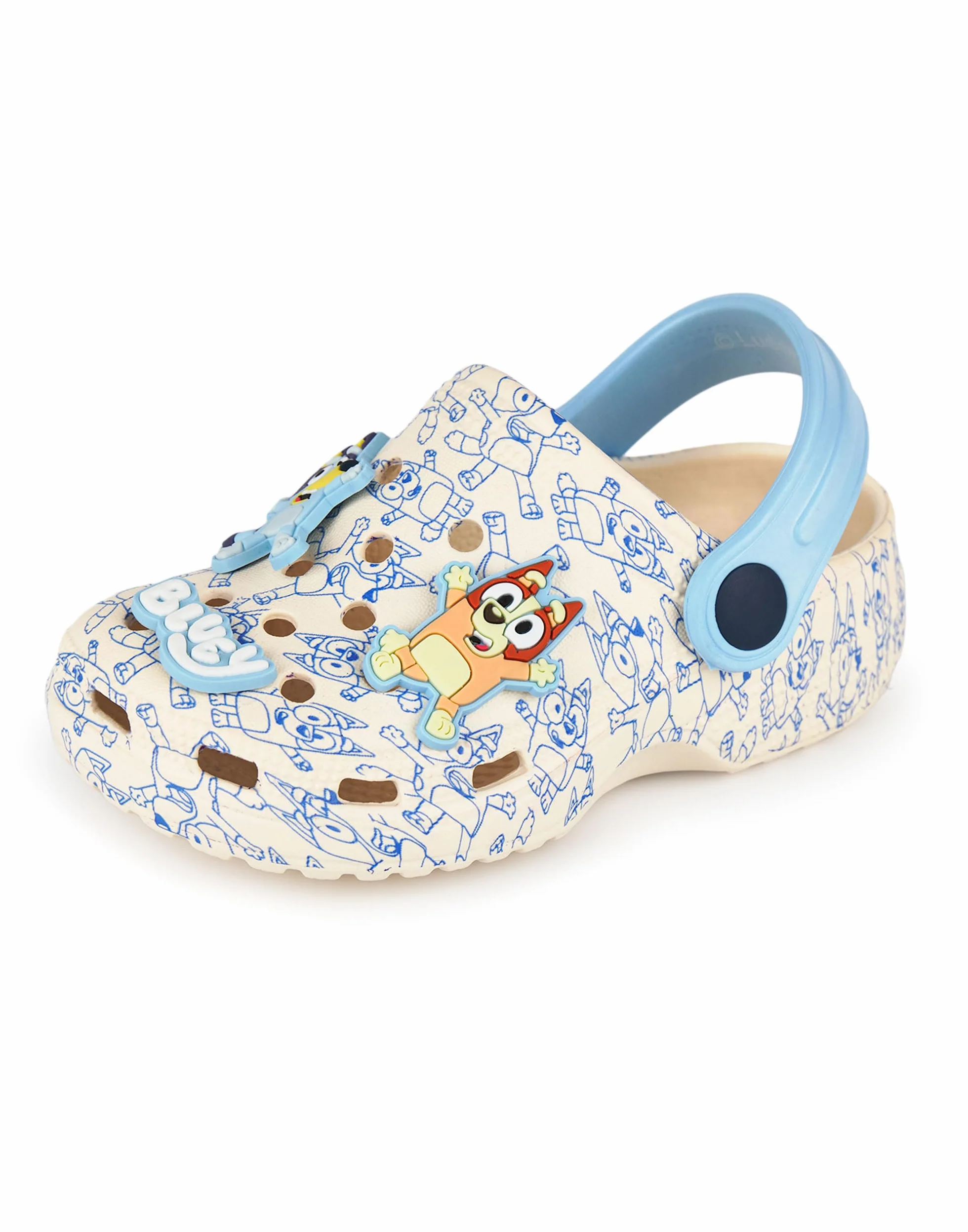 BlueY Sabots pour garçons | Chaussures Enfant à Enfiler avec Breloques Chiot Fantaisie Beige et Bleues | Sandales imprimées pour l'intérieur et l'extérieur avec Bride Ajustable
