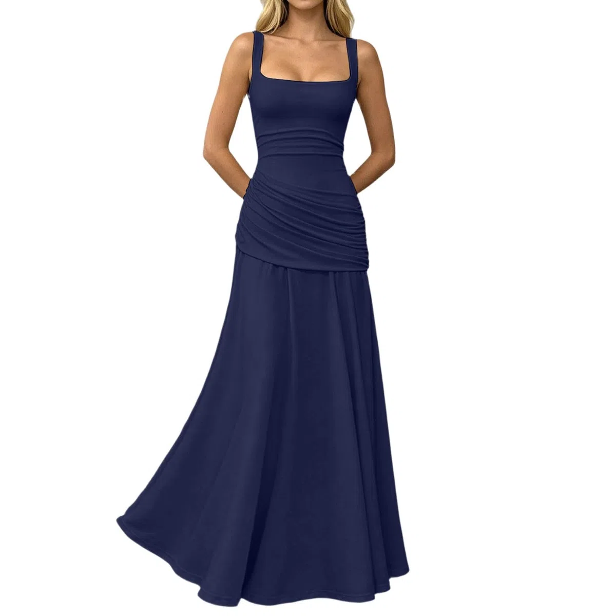 Robe de demoiselle d'honneur longue pour femme - Robe trapèze plissée - Robe de soirée élégante pour mariage - Robe de mariée sans manches - Robe de bal festive - Robe de cocktail