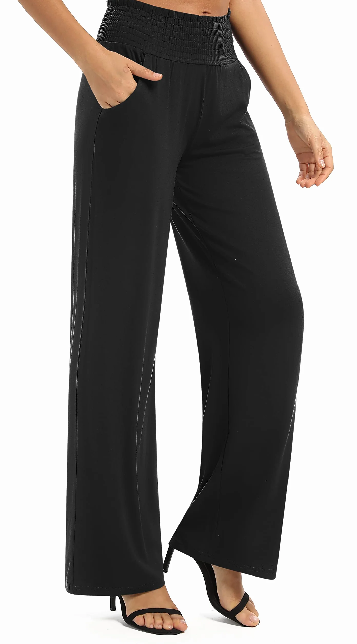 EXCHIC Femmes Solide Ample Jambe Droite Palazzo Pantalon Taille Haute Extensible Décontractés Pantalon avec Poches
