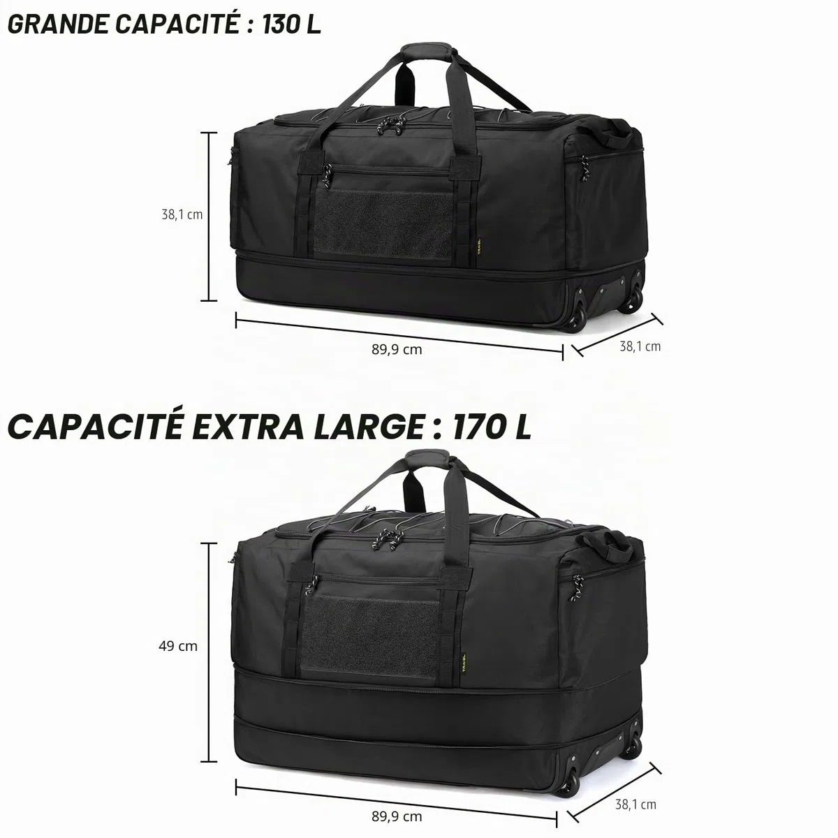 Laripwit Sac de Voyage Pliable à roulettes XXL 130-170L Extensible Sac de Sport avec roulettes 36'' Extra Large Sac à Bagages Souple avec Poignées Multiples, Noir
