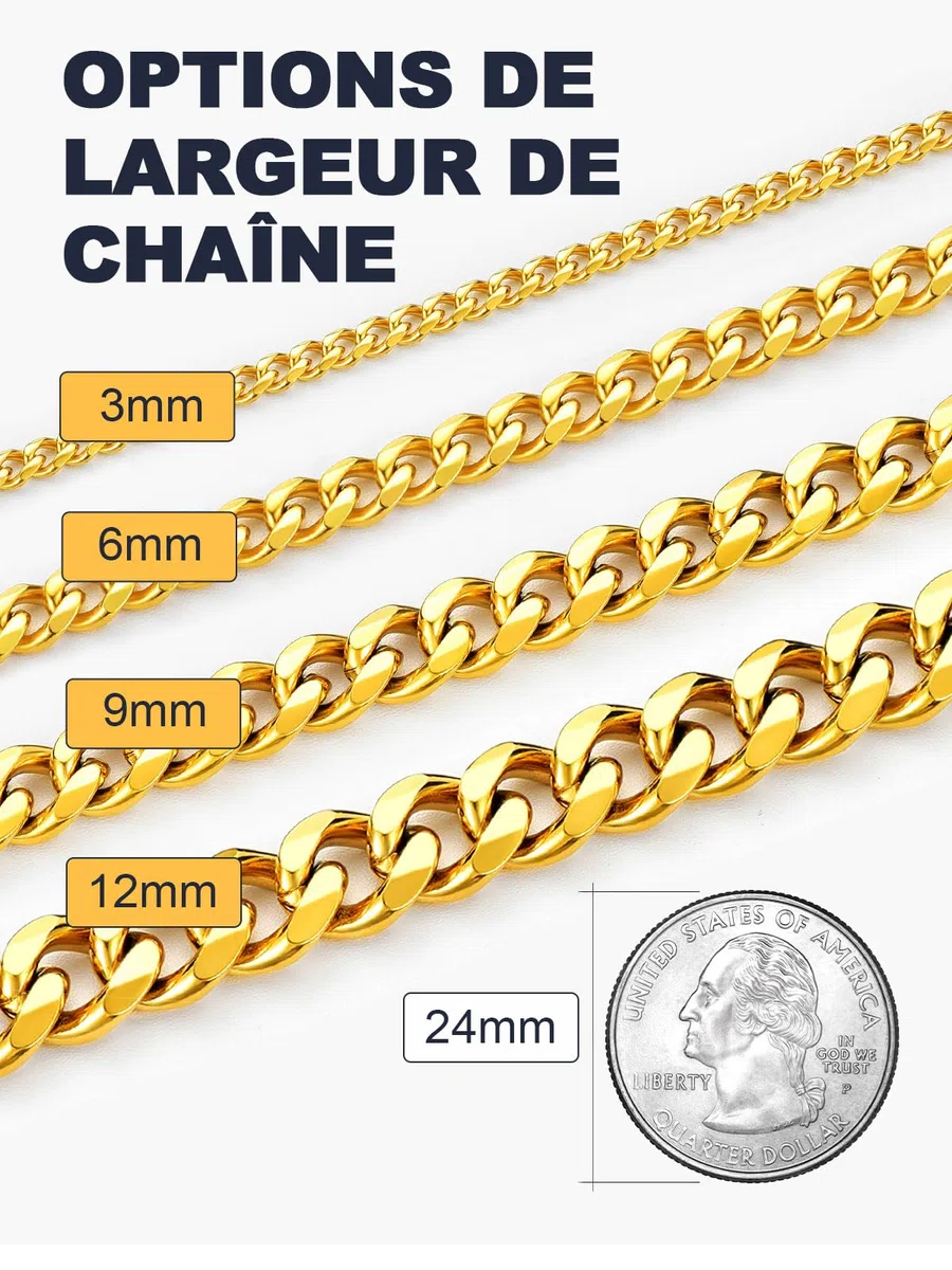 U7 Largeur 3/6/9MM Chaîne pour Homme Femme Acier Inoxydable，Taille 36-76cm, Bijoux Colliers Cadeaux pour Anniversaire Fêtes des Pères