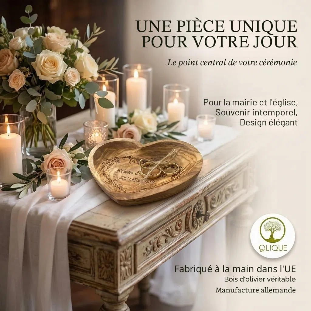 Coussin pour alliances de mariage en bois d'olivier personnalisé - Bol en bois en forme de cœur fait à la main