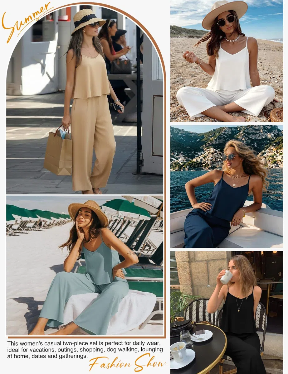 Ensemble Femme Été 2 Pieces Tops sans Manches et Taille Haute Pantalons Fluide Décontracté Jambe Large avec Poches Chic et Elegant Outfit Loungewear Set