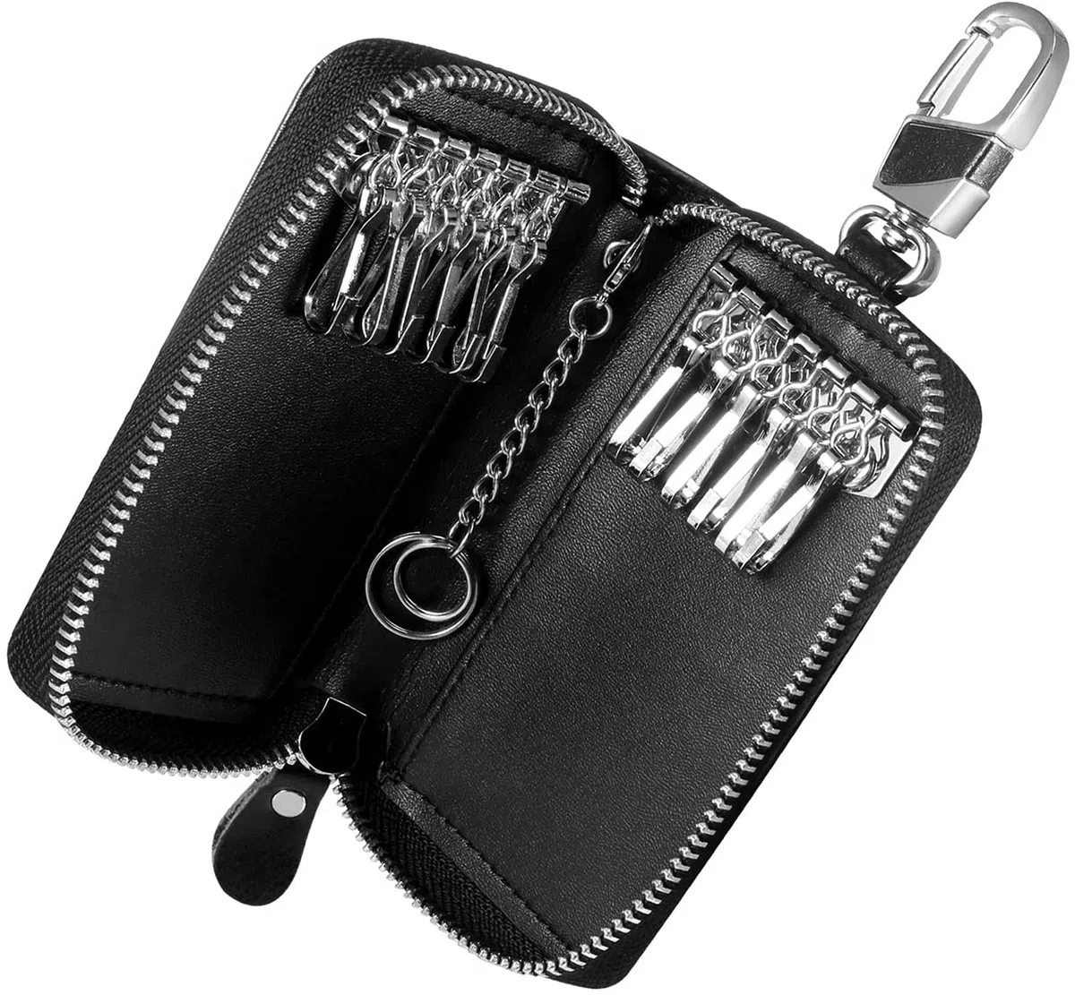 Etuis Porte Clés Cuir, Pochette Porte Clef Cuir Porte-Clé Voiture Porte-monnaie Sac à poche Sécurité Multifonctionnel Fermeture Éclair Classique Casual, avec 12 crochet Clip