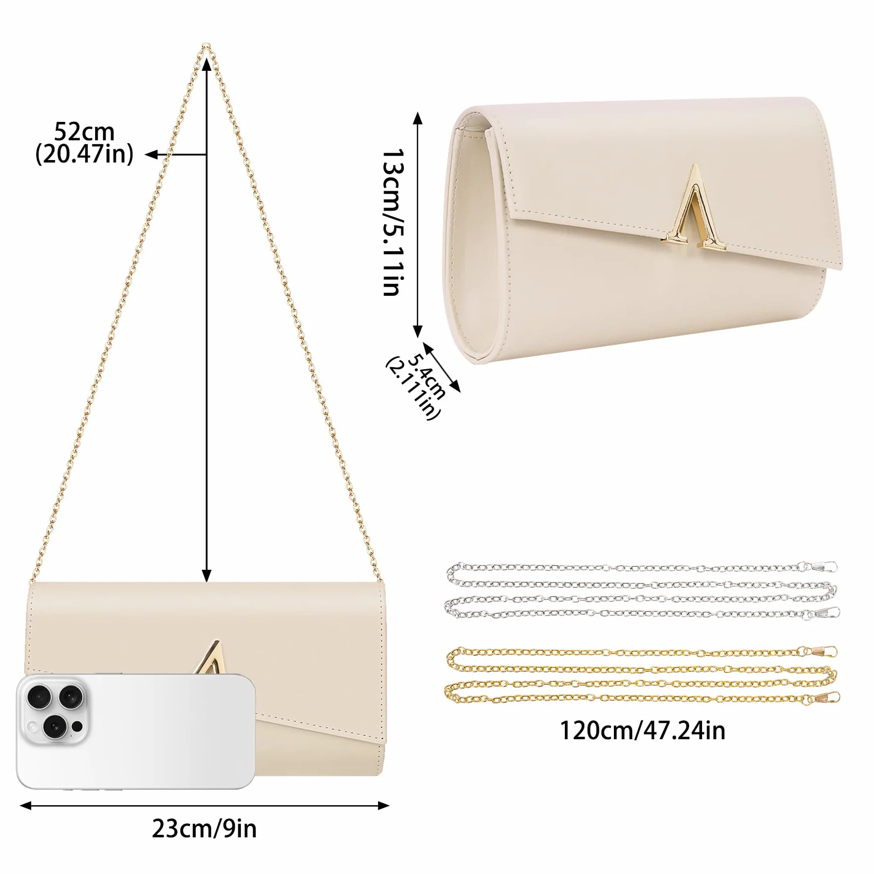 Larcenciel Pochettes et Clutches Femme Nude, Pochette Soiree Femme Élégant en Cuir PU Végétalien avec Chaîne, Sac a Main Crème à la Mode pour Mariage, Fete, Boule, Cocktail, Cérémonie 23x5x13CM