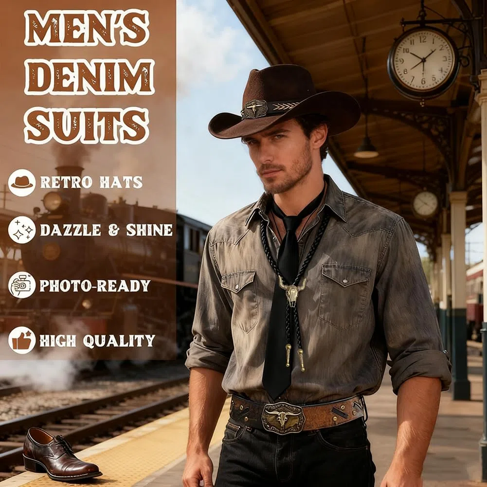 Chapeau et Accessoires Style Western Cowboy, Tenue de Déguisement pour Carnaval, Halloween, Idée Cadeau Noël et Anniversaire