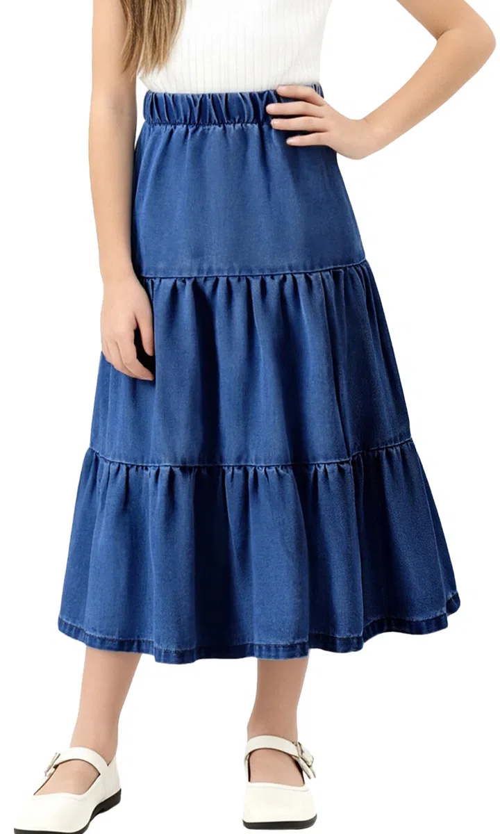 Happy Cherry - Jupe en Jeans Longue Fille Taille Élastique pour Fêtes École Carnaval Filles Jupes Maxi en Denim Trapèze Y2K Vintage Streetwear Enfants pour Été Hiver Printemps Automne - 110-164