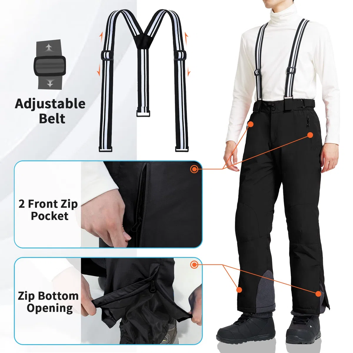 aoli ray Pantalon de Ski Homme Imperméable avec Bretelles Amovibles Pantalon de Ski de Fond Homme Pantalon de Polaire Coupe pour Ski/Patinage/Randonnée