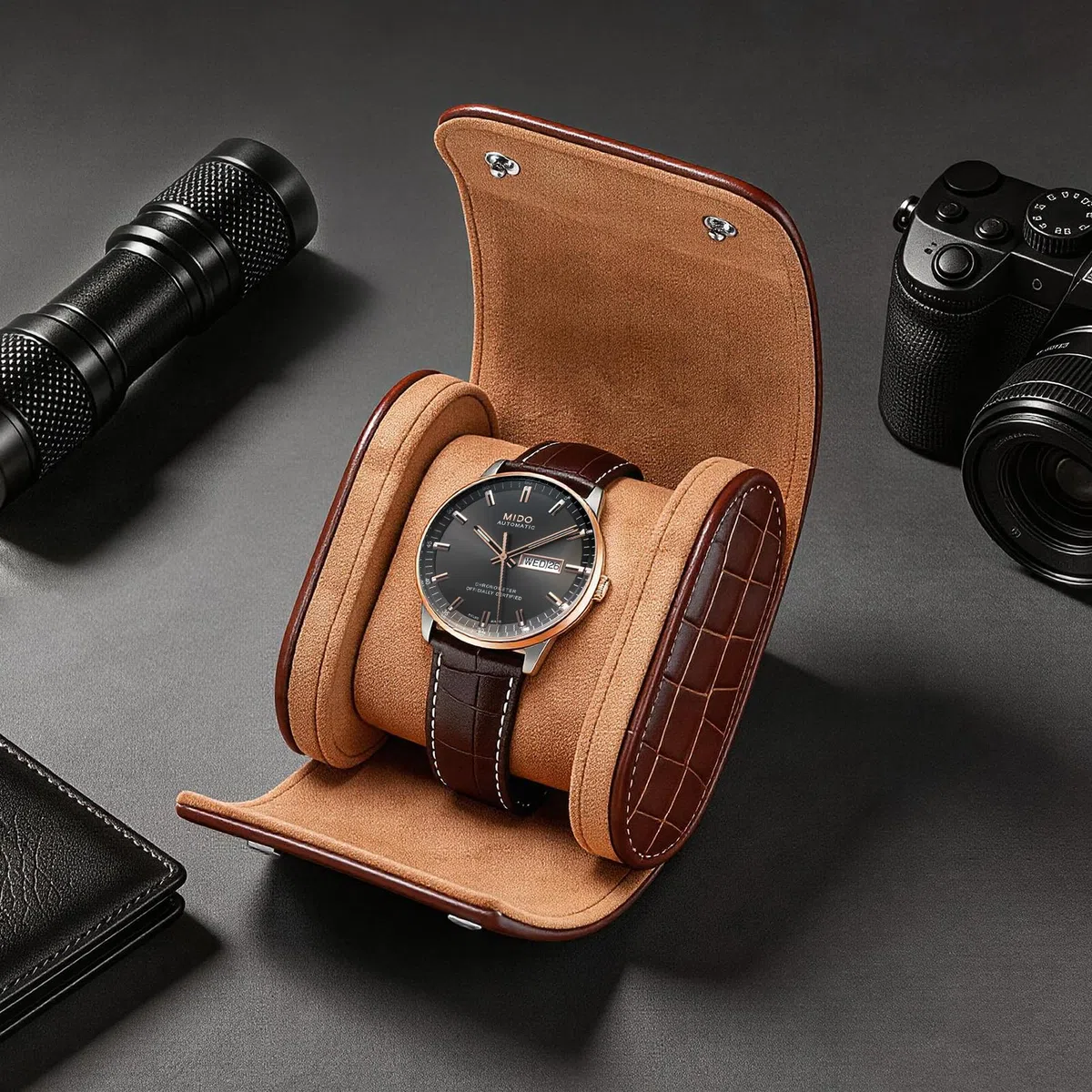 Coffret montres cuir pour 1 montres,Boite a Montre,simili cuir motif crocodile, coffret rangement luxe vintage, idéal pour les anniversaires, Noël, Saint-Valentin - (Brun foncé | 1 Fente)