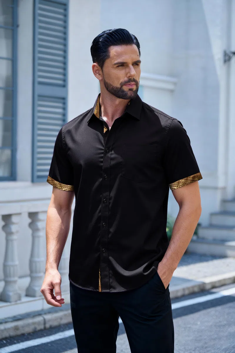 Barry.Wang Chemise à manches courtes boutonnée pour homme - Style formel - Décontracté - Coupe contrastée - Pour l'été, le travail, le mariage, le yacht