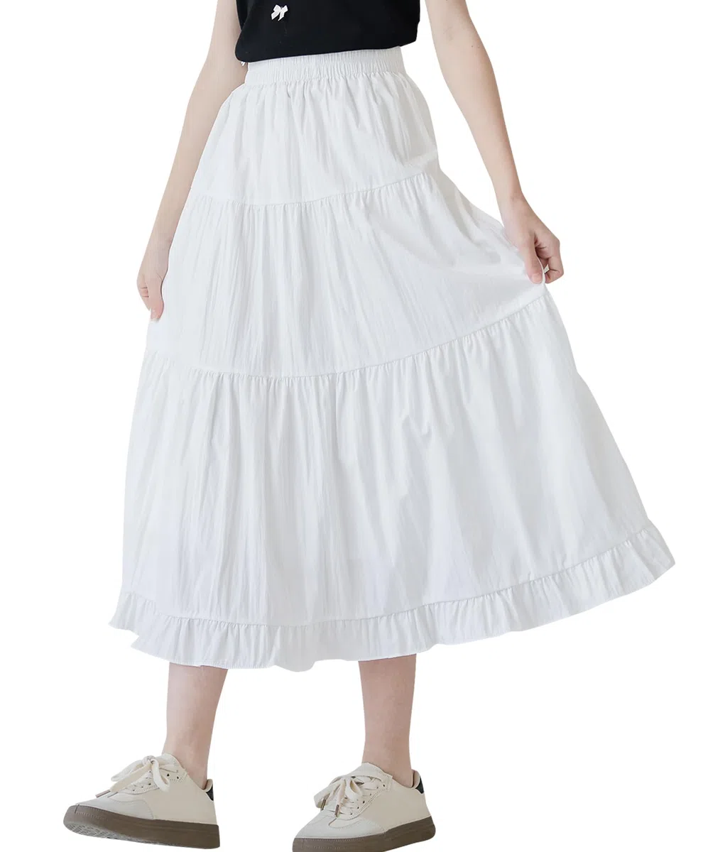 SEAUR Jupe Longue Fille Taille Élastique Élégante Maxi Jupe à Volants D'été Couleur Unie Enfant 130-165=(122-164 UE)