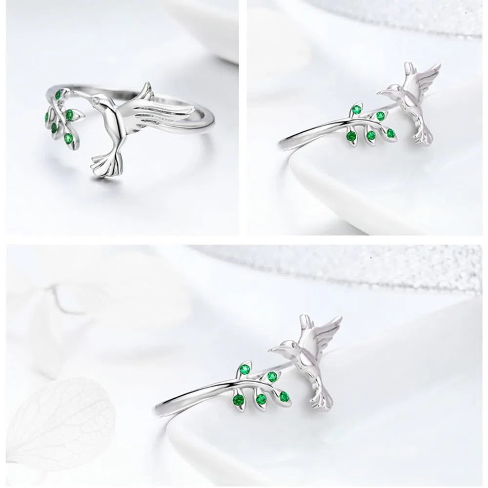Bague ouverte en argent sterling S925 en forme de colibri avec cristal vert et zircone cubique réglable pour femme et fille