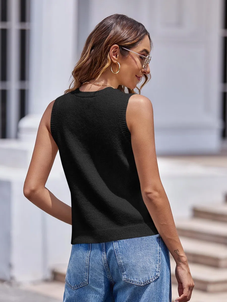 Saodimallsu Pull sans manches pour femme - Coupe ample - Gilet en tricot - Bouton en V - Tricot tendance et décontracté - Avec poches, Noir , L