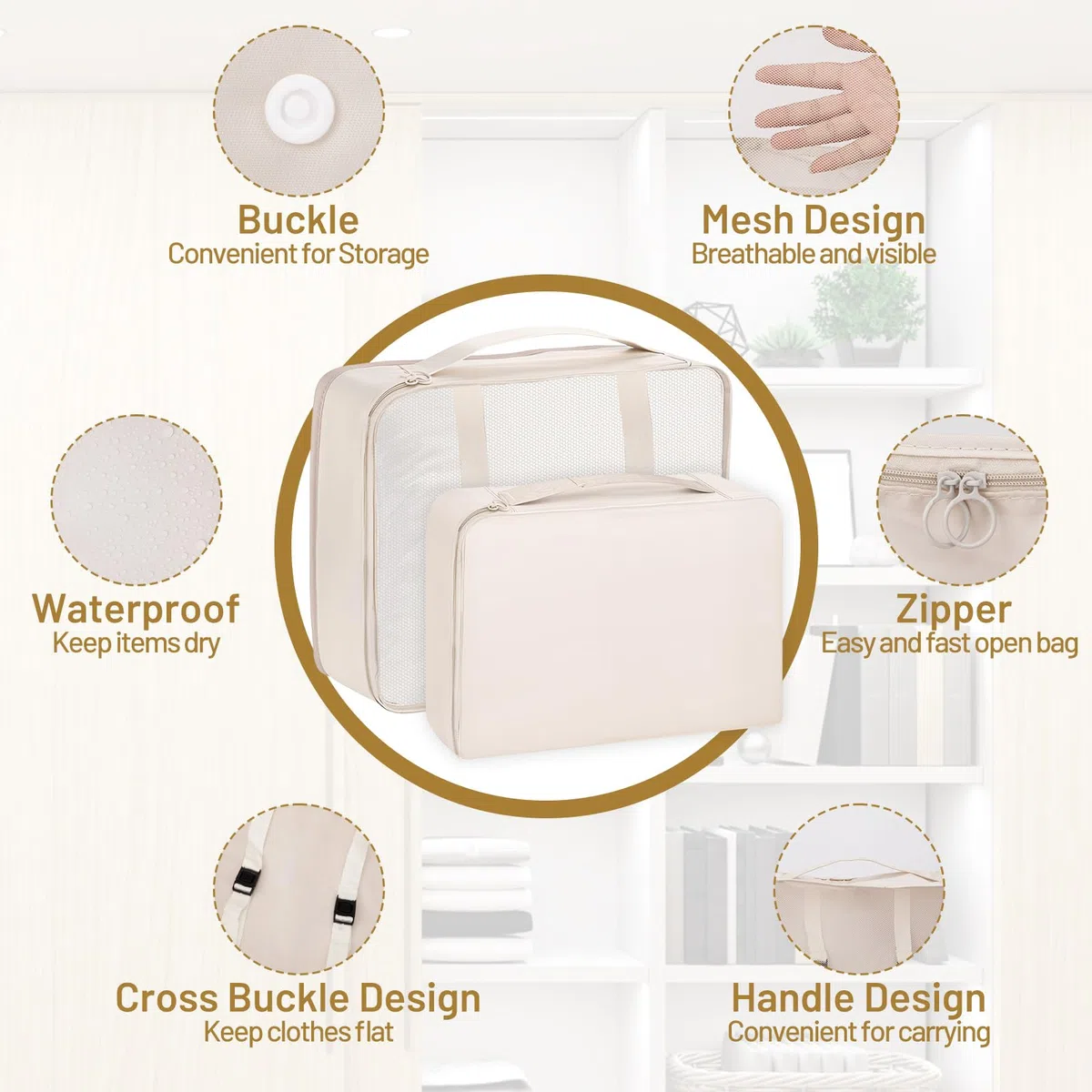 Sac Rangement Valise 12 Pièces – Organisateur Valise Imperméables avec Sacs à Vêtements,Sacs à Chaussures,Trousse de Toilette,etc.| Beige | Gain de Place pour Vacances et Voyages d’Affaires