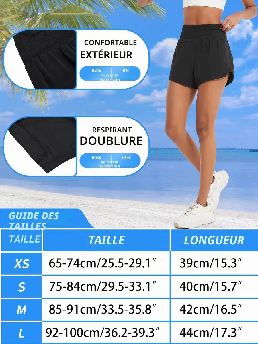 Short de course 2 en 1 pour femme avec poche zippée - Short de bain pour entraînement yoga jogging